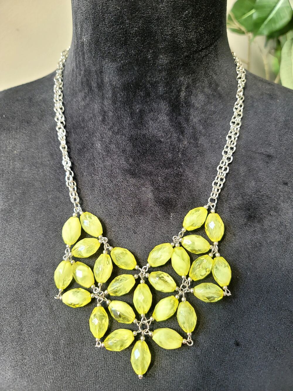 Lime Green Rhinestone Floral Bib Statement Necklace Silver Tone Fashion Jewelry
